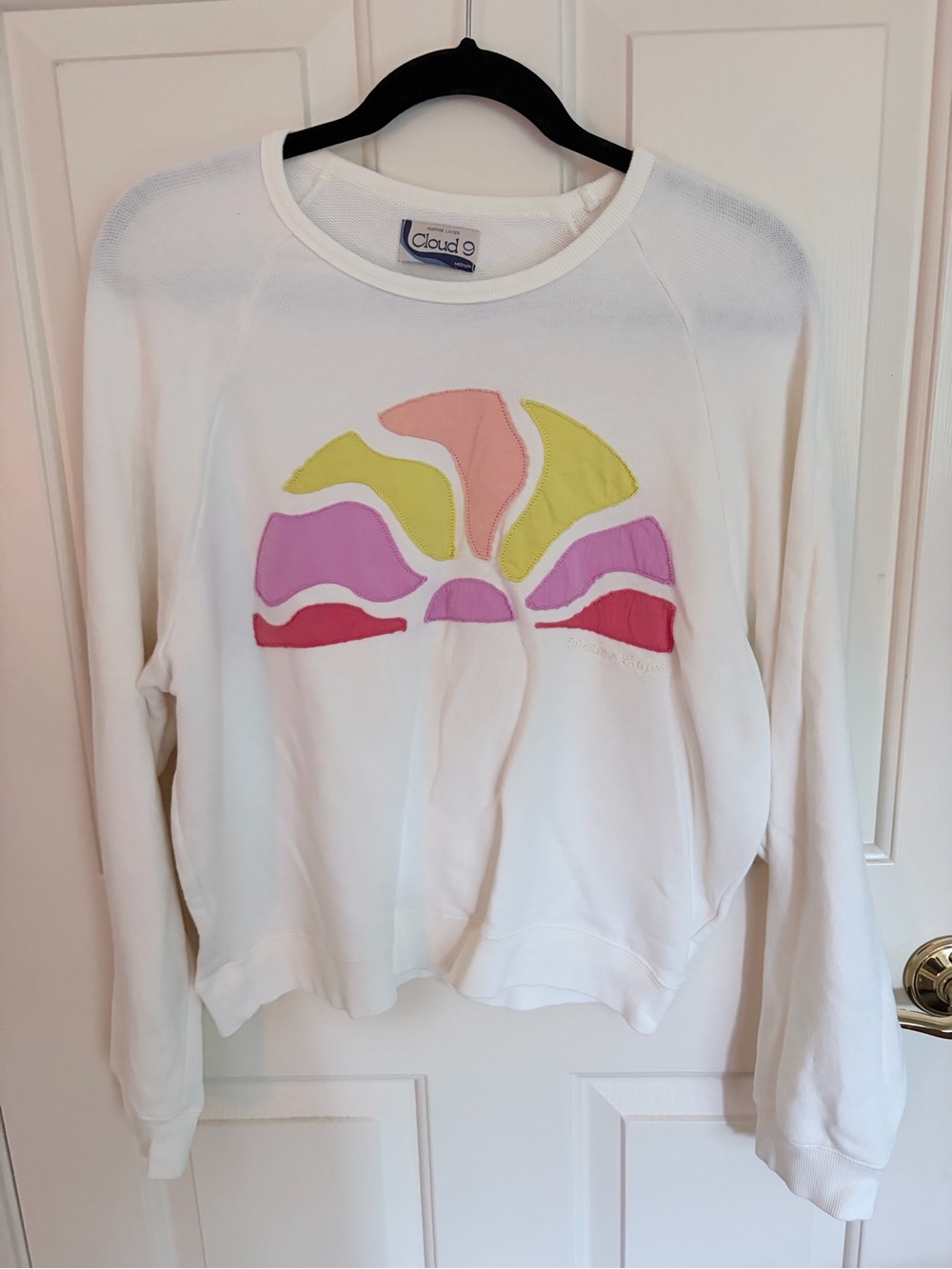 Marine Layer White Crewneck Sweater with Pink, Yellow & Peach Appliqué